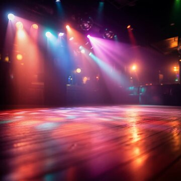 Colorful spotlights illuminating an empty wooden dance floor in a nightclub before a party