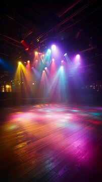 Empty nightclub dance floor with vibrant, colorful spotlights and a disco ball creating a party mood