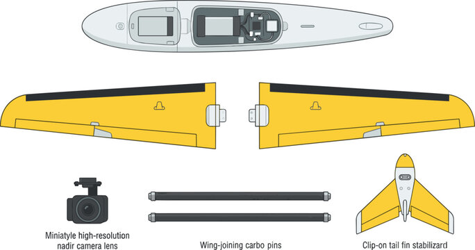 Fixed Wing Drone UAV Component Set Featuring Disassembled Fuselage Yellow Wings Carbon Pins Tail Fin Stabilizer and Miniature Nadir Camera Vector Illustration