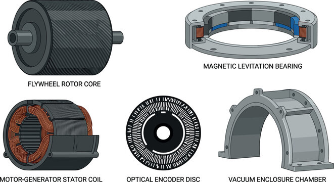 Flywheel Energy Storage System Component Set with Rotor Core Magnetic Levitation Bearing Stator Coil Optical Encoder and Vacuum Chamber Vector Illustration