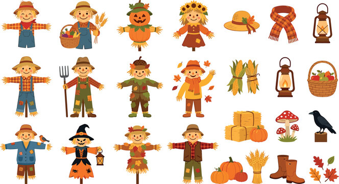 Cute autumn scarecrow vector character collection featuring harvest pumpkins corn sunflowers lanterns hay bales and thanksgiving design elements