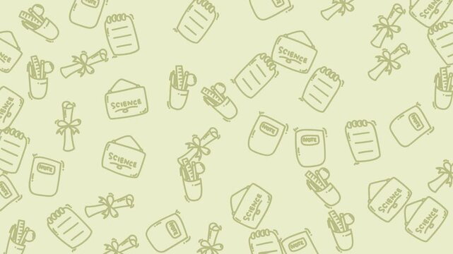 Patterned school supplies background with notebooks, diplomas, science envelopes, pens, and pencils. Suitable for educational, stationary, or backtoschool designs.