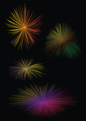 Fototapeta premium Abstract colorful splash fireworks vector set on black background, graphic illustration.