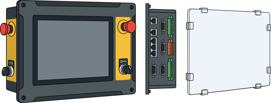 Industrial HMI Touch Screen Control Panel Kit with Emergency Stop Buttons Ports and Clear Cover Vector Illustration for Automation Engineering Designs