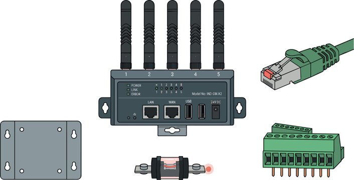 Industrial Wireless Router Gateway Set with Antennas Ethernet Cable Ports and Mounting Bracket Vector Illustration for Network Communication Engineering Designs