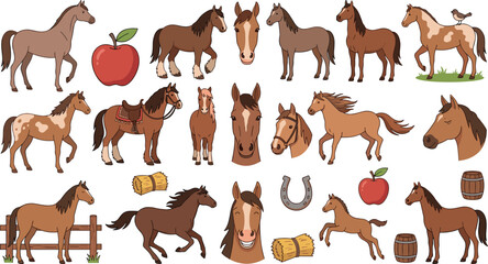 Fototapeta premium Vector collection of cartoon horses and ranch elements including stallions, foals, horseshoes, hay bales, apples, fences, and various brown equestrian breeds.
