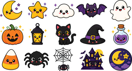 Fototapeta premium Cute Kawaii Halloween Vector Illustration Set Featuring Spooky Ghost, Happy Pumpkin, Black Cat, Bat, Witch Hat, Magic Potion, Haunted House, Moon and Stars for Festive Graphic Design.