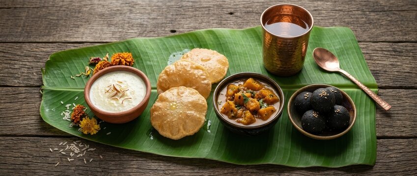 Traditional ritual food offerings served on a fresh green banana leaf over wooden table