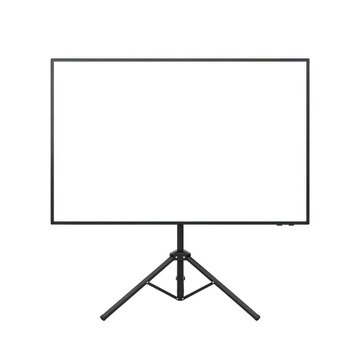 Empty projection screen on a tripod stand isolated on transparent background