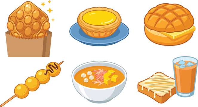 Hong Kong Street Food and Cafe Cuisine Set with Bubble Waffle Egg Tart Pineapple Bun Curry Fishballs Fake Shark Fin Soup and Condensed Milk Toast with Iced Tea