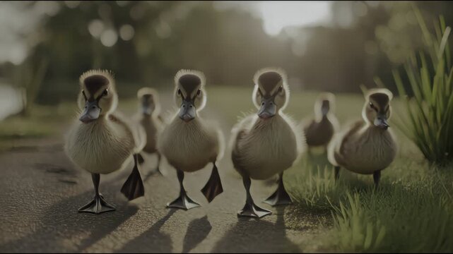 Group of cute fluffy ducklings walking along a path in a park during a sunny summer afternoon