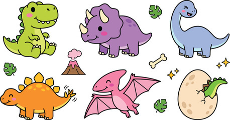 Cute Dinosaur Cartoon Baby Character Set with Tyrannosaurus Rex Triceratops Stegosaurus Brachiosaurus Pterodactyl Hatching Egg and Volcano Elements for Kids © Miss