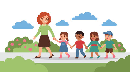 Fototapeta premium Teacher walking with children in park representing school education and nature learning.