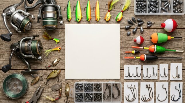 Professional Fishing Equipment and Accessories Collection with Copy Space on Rustic Wood