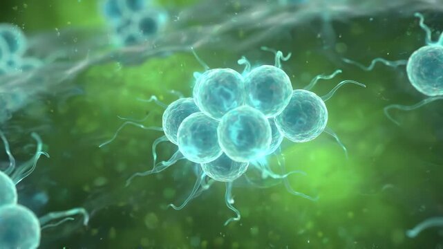 Floating spherical microbes secreting enzymes in a glowing vibrant green biological plasma environment.