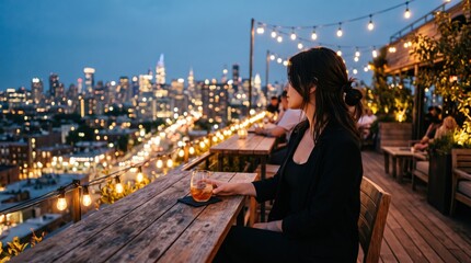 Fototapeta premium Woman relaxing with drink at rooftop bar terrace overlooking illuminated city skyline at dusk with string lights and urban night atmosphere