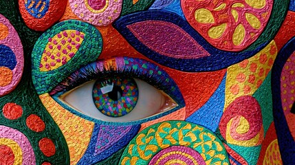 Fototapeta premium Vibrant Abstract Face Art with Detailed Eye and Psychedelic Patterns