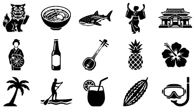 Okinawa travel icon set vector featuring traditional culture food landmarks activities nature and tropical elements in solid black style