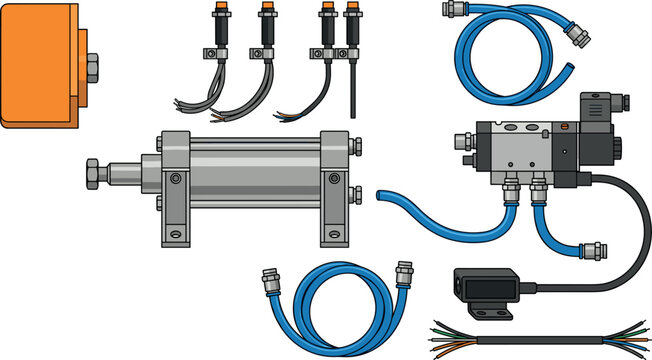 Pneumatic Linear Actuator Cylinder and Solenoid Valve Component Set Featuring Proximity Sensors Blue High Pressure Air Hoses and Connecting Cables Vector Illustration
