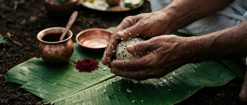 Devoted elderly hands preparing sacred rice ball offerings on green banana leaf during traditional ritual ceremony