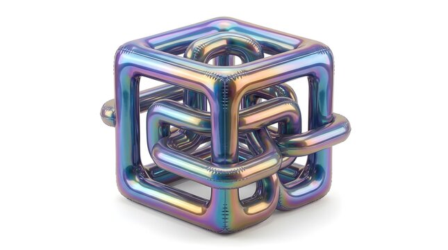 3D metallic wireframe geometric cube with iridescent rainbow gradient on white background
