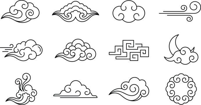 Chinese traditional clouds asian decorative wind pattern and oriental culture line icon set with moon circle