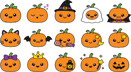 Fototapeta premium Set of Cute Halloween Pumpkin Characters, Kawaii Jack-o'-lantern Vector Illustrations Featuring Witch, Ghost, Vampire, Bat, and Cat Costumes, Perfect for Spooky Fall Holiday Decorations.