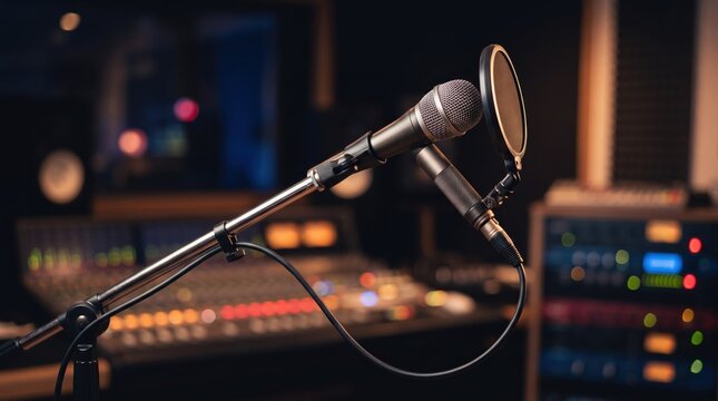 Professional condenser microphone with pop filter on stand in recording studio, blurred audio mixing console background for music production and podcasting setup.