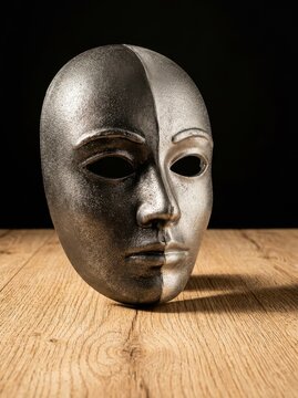 Dramatic Silver Metallic Mask on Wooden Surface with Black Background Representing Duality and Mystery