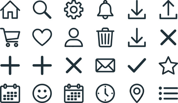 Basic UI User Interface Essentials Vector Line Icon Set Featuring Home Search Settings Notification Download Upload Cart Heart User Trash Close Plus Mail Check Star Calendar Smiley Clock Location List