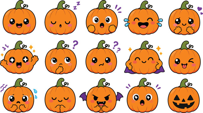 Cute Kawaii Pumpkin Emoji Set with Various Expressions for Halloween and Autumn Designs. Includes Happy, Sad, Surprised, and Vampire Pumpkin Faces in a Flat Cartoon Style Vector Illustration.