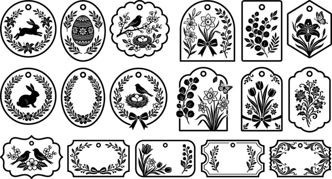 Easter spring season and floral bunny icon tags set for holiday gift packaging greeting cards black vector signs