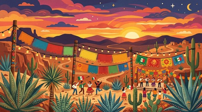 Mexican independence day festival celebration in a desert landscape