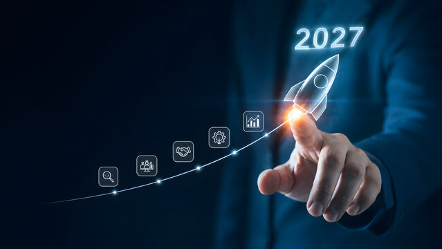 hand pushing a button on a touch screen interface presenting growth