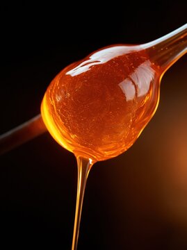 Viscous golden liquid dripping from a dark background, highlighting its texture and rich color