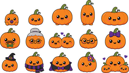 Obraz premium Set of Adorable Kawaii Halloween Pumpkin Characters Vector, Cute Fall Autumn Harvest Family Illustrations Featuring Witch, Vampire, Baby, and More for Seasonal Festive Graphic Designs.