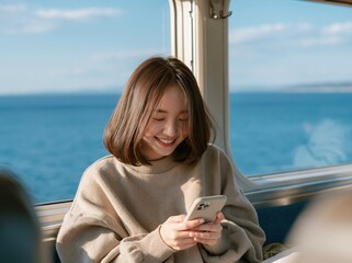 Fototapeta premium Young Asian Woman Smiling While Using Smartphone on a Ferry with Ocean View