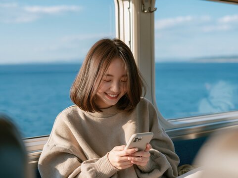 Young Asian Woman Smiling While Using Smartphone on a Ferry with Ocean View