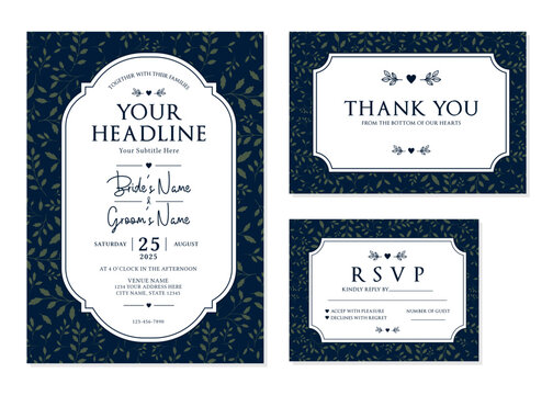 Elegant Navy Blue Botanical Wedding Invitation Suite Vector Template
