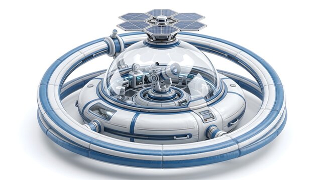 Futuristic inflatable space station module with solar panels and docking port in orbit