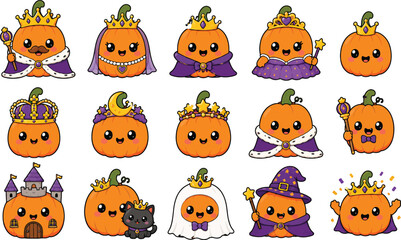 Naklejka premium Adorable Kawaii Halloween Pumpkin Clipart Collection, Royal King Queen Prince and Princess Pumpkin Characters with Crowns and Capes, Spooky Witch Ghost and Castle Vector Illustration Set.