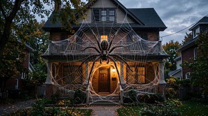 Fototapeta premium Spooky Halloween Decorated House with Giant Spider and Cobwebs.