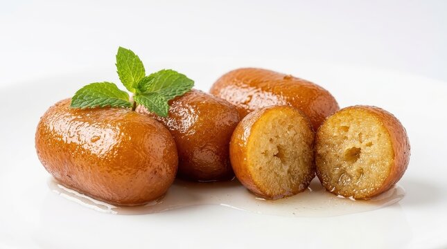 Traditional Indian Sweet Gulab Jamun or Lyangcha Served on a White Plate with Mint Garnish and Sugar Syrup