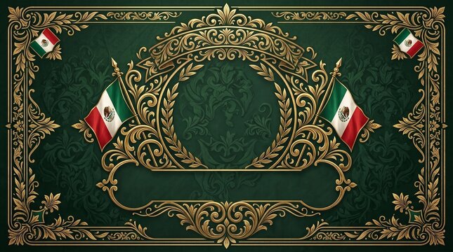 Mexican independence day golden ornate frame on green background