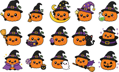 Obraz premium Kawaii Halloween Pumpkin Witch Illustration Set: Cute Jack-O-Lantern Characters with Magic Wands, Broomsticks, Black Cats, and Potions for Festive Autumn Designs and Spooky Seasonal Decor.