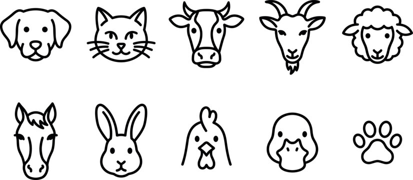Animals head face livestock veterinary pet shop icon set vector illustration for ranch agriculture website branding application country farm materials editable outline flat minimal presentation artwor