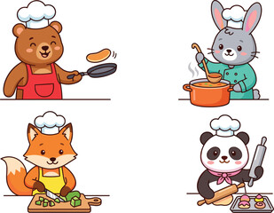 Cute Animal Chef Cartoon Character Vector Set with Bear Frying Pancake, Rabbit Cooking Soup, Fox Chopping Vegetables, and Panda Baking Pastries
