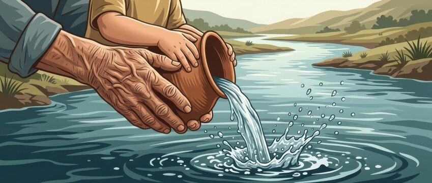 Hands pouring water from clay pot into river for ancestral ritual
