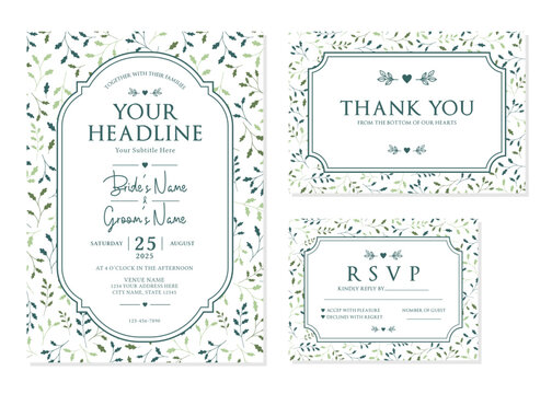 Green Botanical Leaf Wedding Invitation Suite Vector Template
