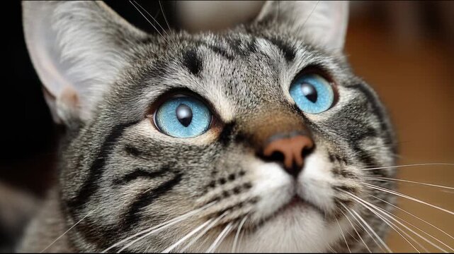 Close-up view of a cat with bright blue eyes looking upward in a cozy indoor setting